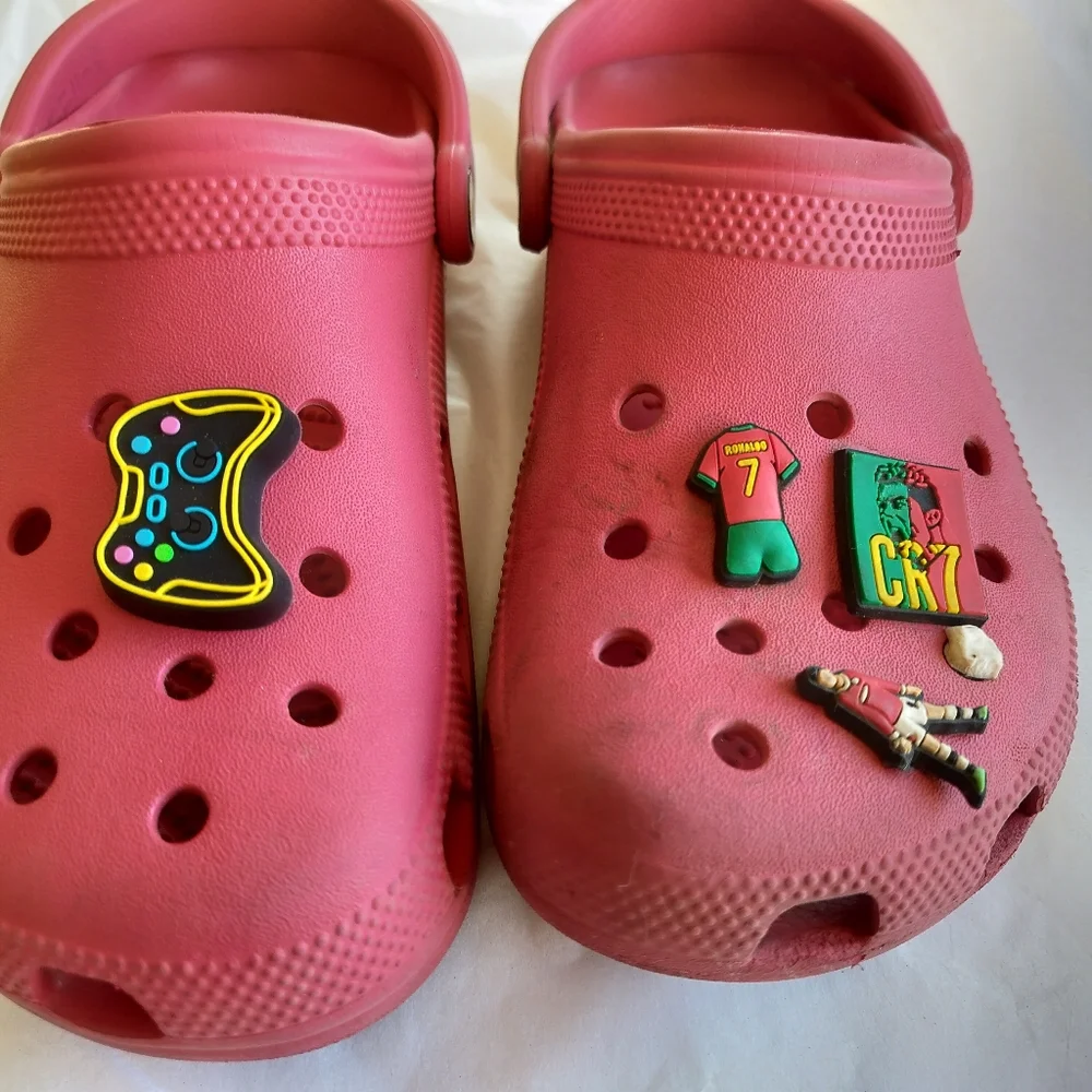 Crocs Red Clogs Size Men's 6/ Women's 8 with Soccer Charms